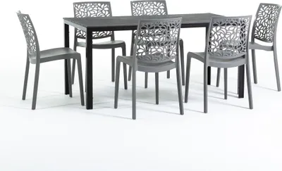 Image de Set de salle à manger d'extérieur avec table rectangulaire 156x78 cm et 6 chaises empilables en résine renforcée de fibres de verre - design moderne imitation bois, idéal pour le jardin, la terrasse et les espaces extérieurs couverts - THOMAS+ANNA - Gris foncé/Anthracite