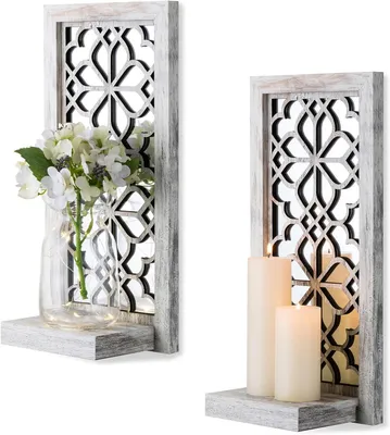 Productafbeelding van Houten wandplanken - Decoratieve rekken - Kaarsen presenteren - Rustiek gesneden design - 38 x 18 cm - Rustiek
