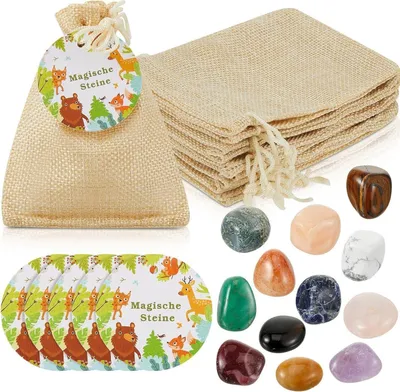 Produktbild von 12 Stück Glückssteine für Kinder mit Jutesäckchen - Waldtiere Party Mitgebsel