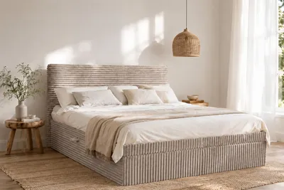 Produktbild von Kaiser Möbel Boxspringbett mit bettkasten und topper TRENTO,  ohne Bein stoff Plüsch Cord 180x200 cm Beige