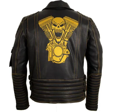Produktbild von Retro Motorrad Lederjacke mit Protektoren und eingenähtes Totenkopf Motiv (3XL)