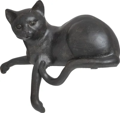 A dark-colored cat figurine is shown in a lying position, with its front paws extended over an edge.
