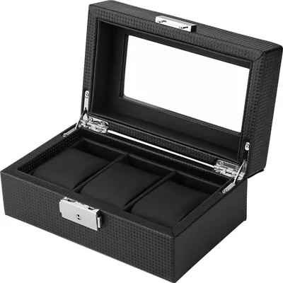 Produktbild von Uhren-Organizer-Box mit Glasdeckel, 3/5/6 Fächer, Uhrenvitrine für Herren und Damen, Armbanduhrenhalter aus Kunstleder mit abnehmbaren Kissen