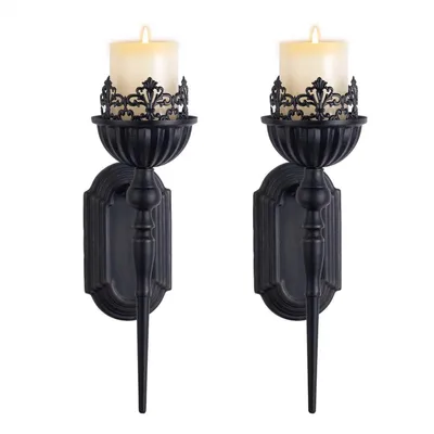Produktbild von Wandkerzenhalter Set (2 Stück) Schwarze Krone & Zepter Design Metall Wand-Mount Eisen Hängend für Wohnzimmer, Badezimmer, Esszimmer