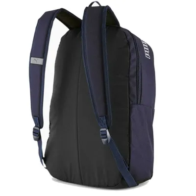 Back view of a dark blue backpack.