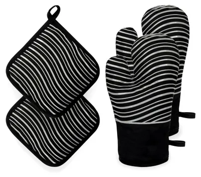 Produktbild von Set mit 2 Ofenhandschuhen und Topflappen, hitzebeständige Kochhandschuhe mit rutschfestem Silikonstreifen für Küche, Backen und Grillen