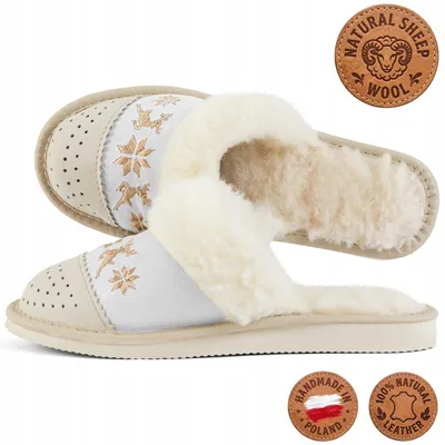 Produktbild von Hausschuhe Damen Leder Wolle Beige Weihnachtlich Handgenäht 38