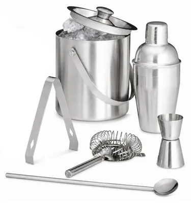 Produktbild von 7 teiliges Cocktail Mix-Set, für Hobby Barkeeper, Shaker mit Abseiher, Eiszangen, Barsieb, Barmaß, Eiseimer, Löffel