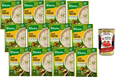 Produktbild von Italian Gourmet Steinpilzcremesuppe Instant Suppenmix 12×76 g Vorratspack Cremige Pilzsuppe Pulver in 3 Minuten – ideal für Pasta Risotto Sauce & Suppe + Italian Gourmet Polpa 400 g