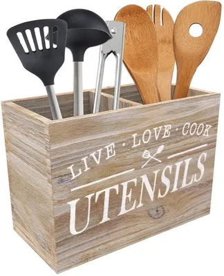 Produktbild von Unyqoos® Holz-Küchenorganizer – rechteckiger Besteck- & Küchenutensilienhalter, 2 Fächer, abnehmbare Bodenplatte, 24 × 17 × 12 cm