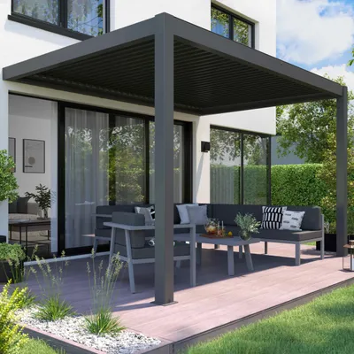 Image de Pergola bioclimatique adossée et motorisée 3 x 4 x 2,5m gris - Oviala Thebes