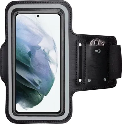 A black sport armband for a smartphone, with a smartphone inside.