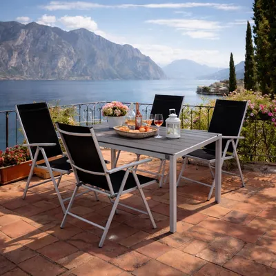5tlg Gartenmöbel Set Alu Polywood 180x90x74cm + 4 Klappstühle Silber
