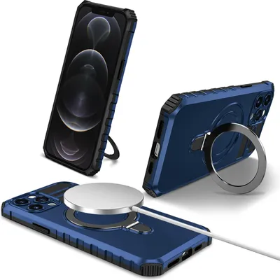 Obrázek produktu pro Pouzdro pro iPhone 12 Pro magnetické s MagSafe, držák prstenu, stojánek, dvouvrstvé ochranné pouzdro modré