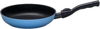 A blue frying pan with a black handle is shown against a white background.