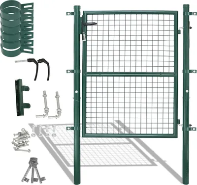 A green metal garden gate and its accessories are laid out on a white background.