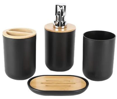 Produktbild von 4-teiliges Badezimmer-Zubehör-Set Schwarz Seifenspender Zahnbürstenhalter Zahnputzbecher Seifenschale