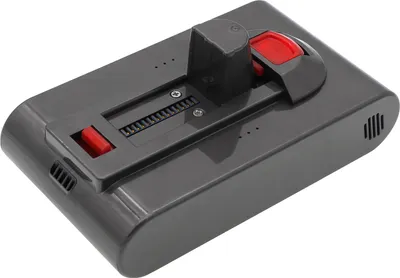 A gray vacuum cleaner battery pack with red release buttons and indicator lights.