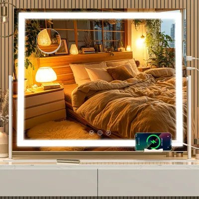 LED-Make-upspiegel 60x50 cm, 3 Lichtfarben, dimmbar, USB, 360° drehbar