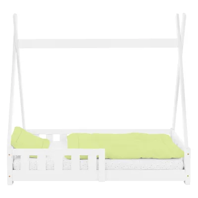 Obrázek produktu pro ML-Design dětská postel Tipi 70x140 cm s ochranou proti vypadnutí a lamelovým roštem, bílá, z borovicového dřeva, domácí postel s ohrádkou, podlahová postel, dřevěná postel