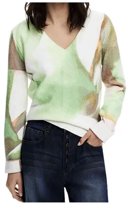 Produktbild von Damen Langarmshirt mit Fantasiemuster und V-Ausschnitt in Grün