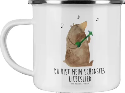 Produktbild von Mr. & Mrs. Panda Pott Bär Lied - Weiß - Geschenk, metallbecher, Teddy, Valentinstag, Frau, Motivtasse, Emaille Tasse, Liebe, Spruch, Teetasse