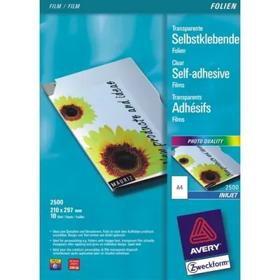 Image de Avery Zweckform 2500 Films transparents autocollants, DIN A4, revêtement spécial, empilables, autocollants, épaisseur : 0,17 mm, 10 feuilles