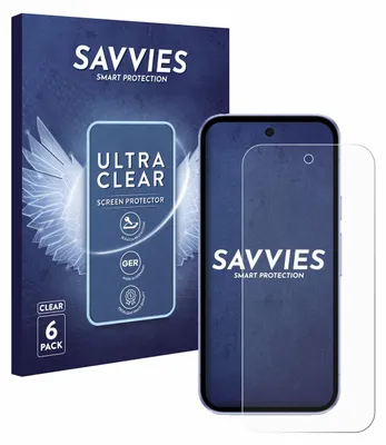 A product shot of a screen protector packaging and the screen protector itself, placed on a dark blue background.