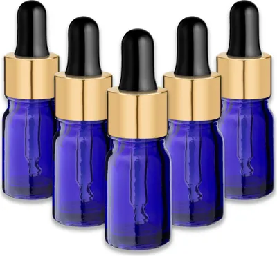 Produktbild von 5x Blaue Glasflasche 5 ml mit goldener Aluminiumpipette Tropfflaschen