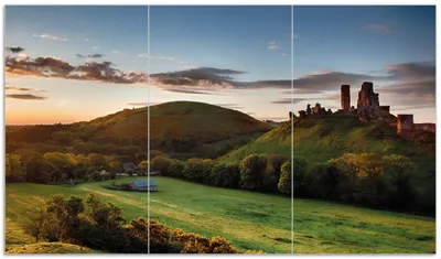Produktbild von Wallario Herdabdeckplatte aus Glas, Größe 90 x 52 cm 3-teilig, Motiv Schlosspanorama in England bei Sonnenaufgang
