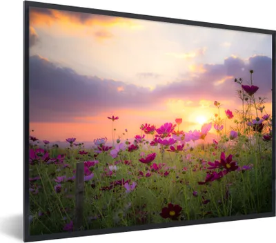 Produktbild von MuchoWow® Gerahmtes Poster Sonnenuntergang - Blumen - Rosa - Natur - Grün 40x30 cm - Poster mit Schwarzem Bilderrahmen Wandposter Rahmen Foto Bilder - Kunstposter - Wanddekorationen