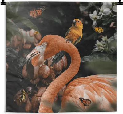 Produktbild von MuchoWow® Wandteppich Wandbehang Flamingo - Dschungel - Papagei 150x150 cm Tapisserie Dekoration Wandtuch - Wohnaccessoires - Modernes