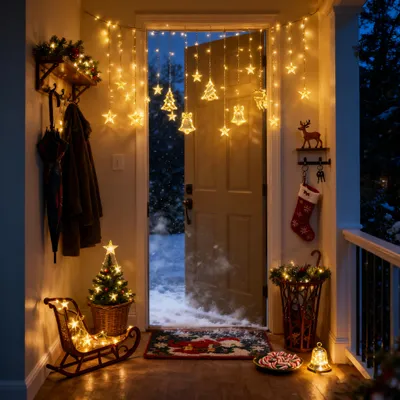 Productafbeelding van LILIIN Lichtgordijn met 138 LED's, kerstverlichting met sterren en kerstmotieven, 8 lichtmodi, warm wit licht, met stekker