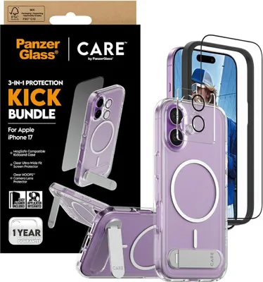 Zdjęcie produktu dla PanzerGlass ® | CARE by ® 3-in-1 Feature Kick Bundle iPhone 17, Apple, Apple - iPhone 17, Aplikacja na sucho, Odporny na zadrapania, Odporny na wstrząsy, Przezroczysty, 1 szt.