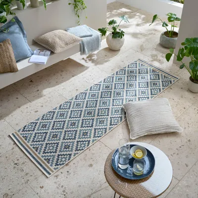 Produktbild von Outdoor Teppich Rauten Muster, Geometrisch, Balkon schmutzabweisend Blau-Gelb Läufer 80x230 | 100% Polypropylen