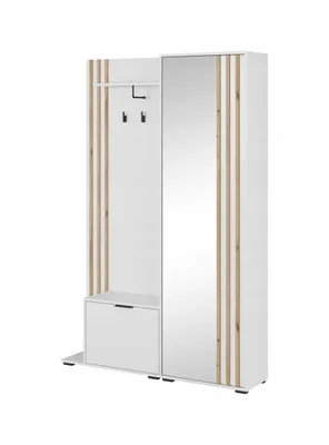 A white and wood-grain effect wardrobe set with a mirror, coat hooks, and a drawer, presented against a white background.