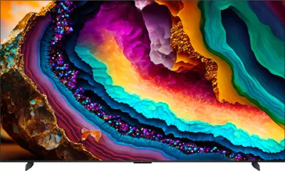 A large television screen displaying a colorful, abstract image.