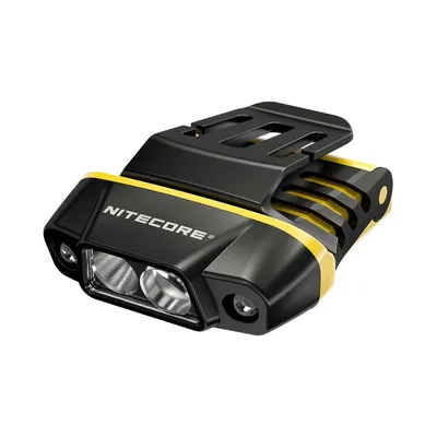 A black and yellow Nitecore NU11 headlamp is shown against a white background.