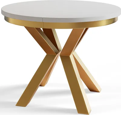 A round white dining table with a gold base.