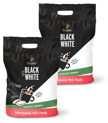 Produktbild von Tchibo Kaffeepads Vorratspack Maxipack, BLACK&WHITE, 200 Stück – 2x 100 Pads (Kaffee, kräftig mit starkem Geschmack), nachhaltig, geeignet für Senseo Maschinen