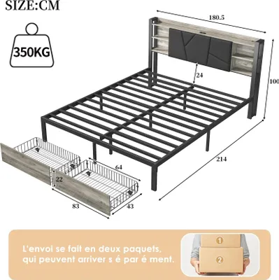 Obrázok produktu pre Moderná čalúnená posteľ – rám 160×200 cm – so zásuvkami – čelo s LED osvetlením – USB port na nabíjanie – Imitácia kože – kovový rám – bez matraca – čierna