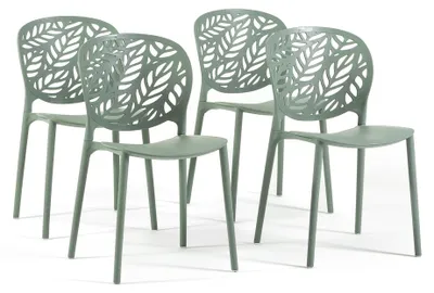 Immagine prodotto di Set di 4 sedie impilabili per interni ed esterni in polipropilene rinforzato con fibra di vetro, schienale con motivo a foglie, per giardino, terrazza, bar, ristorante - Licia Verde