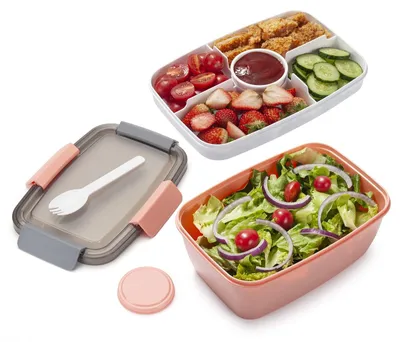 Image de Boîte repas pour salade avec 4 compartiments et un récipient pour la vinaigrette