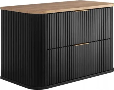 A black cabinet with a wooden top and gold handles, shown from the front.