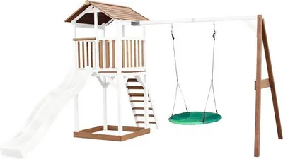 Image de Axi Beach Tower Aire De Jeux Avec Toboggan En Blanc,  Balançoire Nid D'Oiseau Vert & Bac À Sable | Grande Maison Enfant Extérieur En Marron & Blanc |