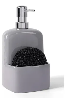 Immagine prodotto di Distributore di sapone in Vetroceramica grigio, capacità 600 ml, con portaspugna, ideale per cucina e bagno