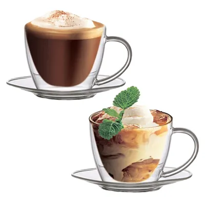 Immagine prodotto di boral - Tazza e piattino a doppia parete per cappuccino e latte macchiato soffiati a bocca con manico - 250 ml - 2 pezzi