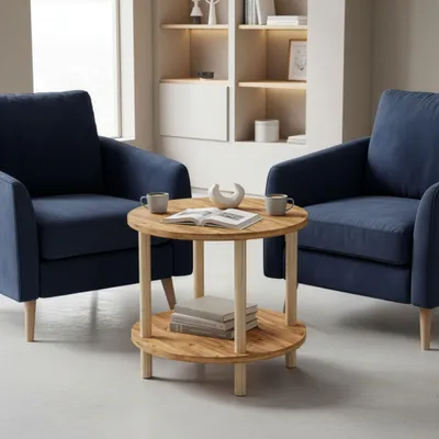 Produktbild von CARENZA HOME Beistelltisch Rund Eiche 2 Ablagen 49 x Ø 42 cm Wohnzimmer Sofatisch Couchtisch Holzmer (Oak, Rund)
