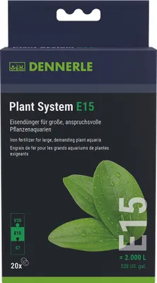 A product box for Dennerle Plant System E15, an iron fertilizer for aquariums.