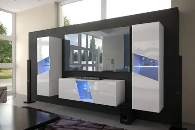 Immagine prodotto di Furnitech Parete attrezzata soggiorno - Mobili da soggiorno con LED RGB - Parete attrezzata moderna con mensole e mobile TV (S37)